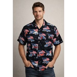 Vintage High Seas Trading Co Hawaiian Shirt Hot Rods USA Flag XXL Patriotic Rare